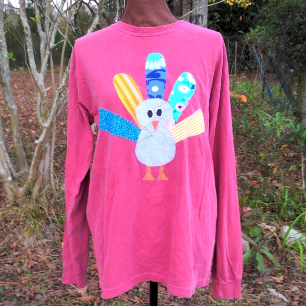 Comfort Colors Maroon Crew Neck Long Sleeve Fabric Applique Turkey Desig…